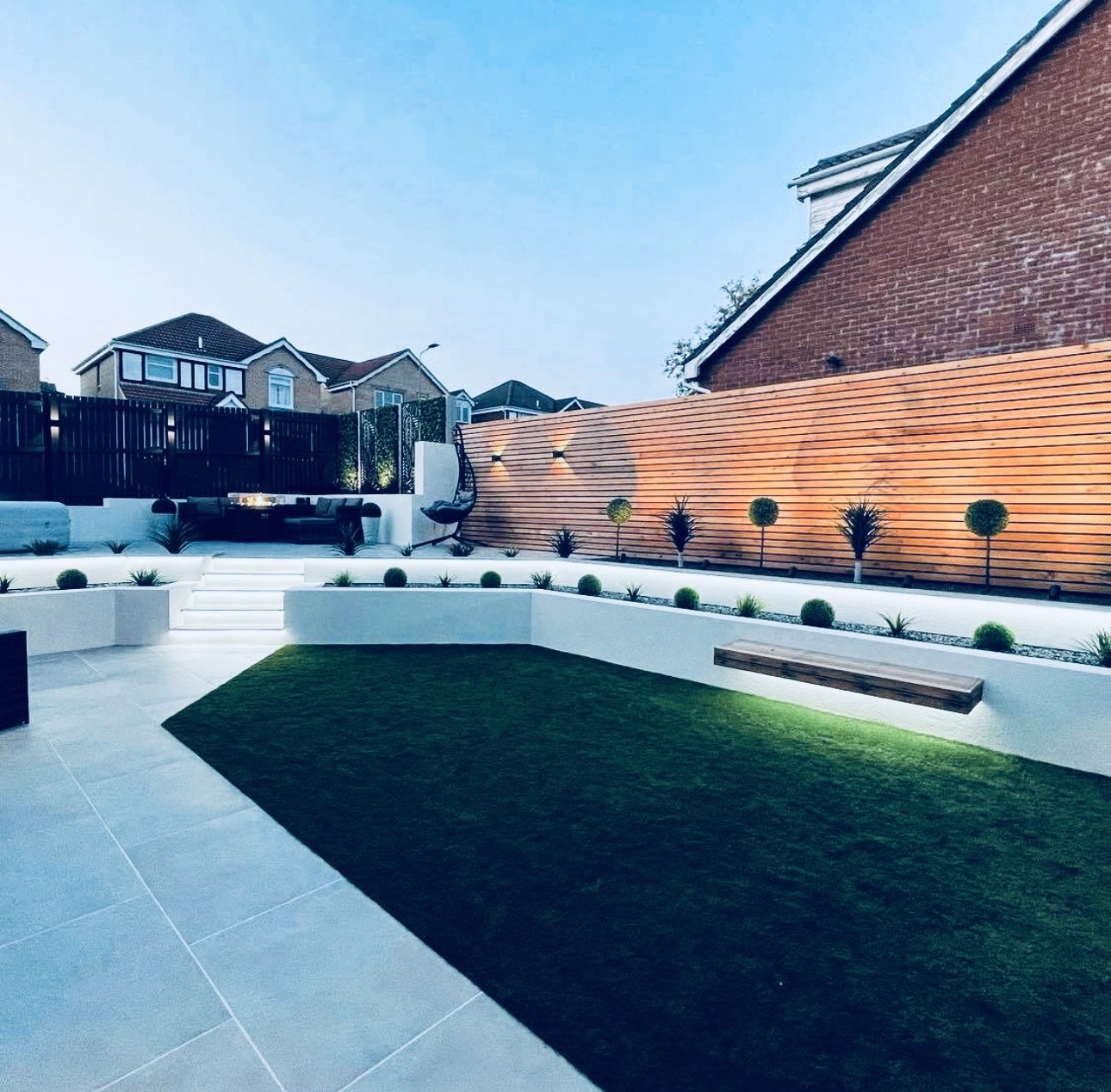 Porcelain patio and garden lighting at dusk
